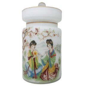 Rare Vintage Oriental Lidded Canister - Thin White Glass  Geishas Trees Asians
